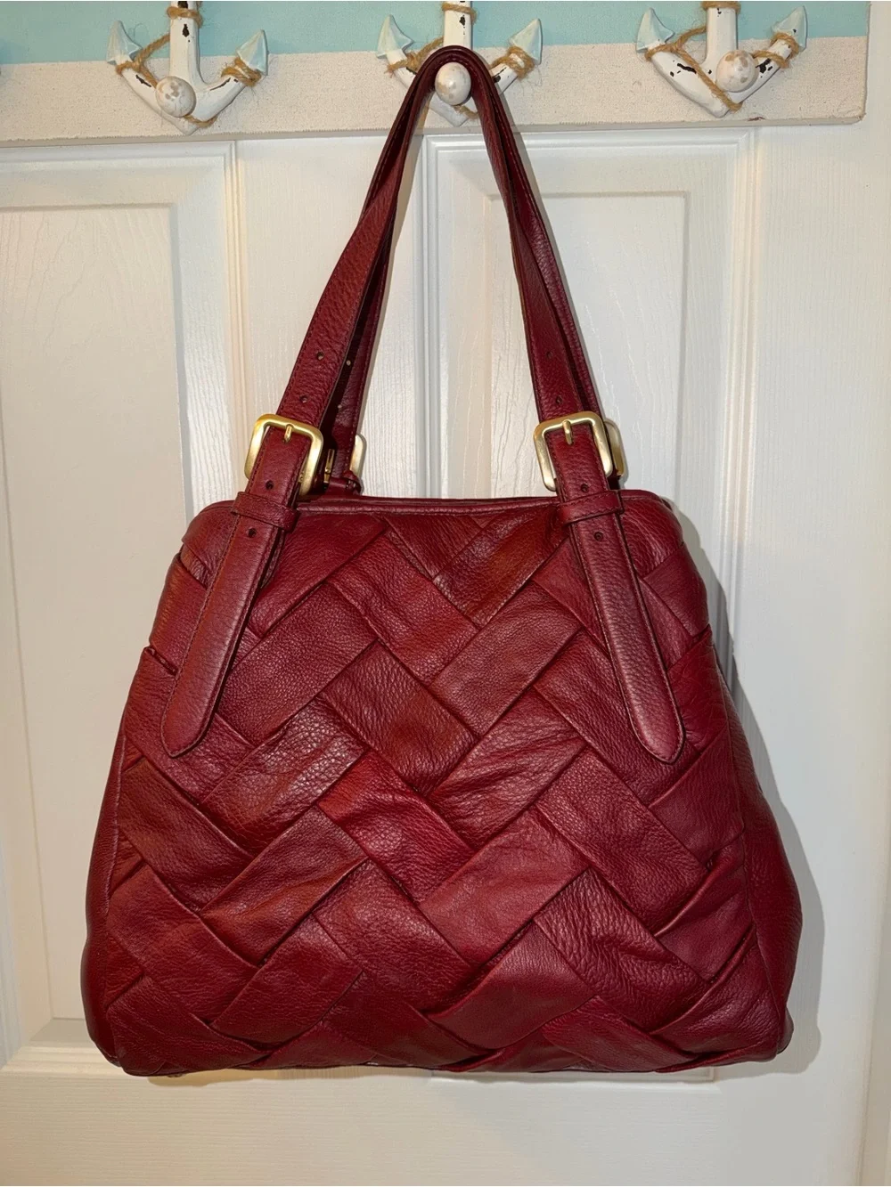 Cole Haan Burgundy Prudence Tote Bag featuring braided leather design
